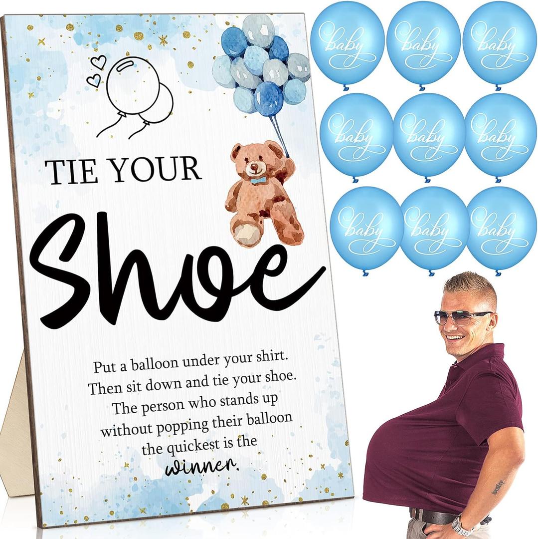 Roowest 51 Pcs Tie Your Shoe Baby Shower Game Sign Wooden Sign Greenery Gift Sets Gender Reveal Party Favors 50 Balloons Latex Balloons for Game Supplies(Blue,Bear)