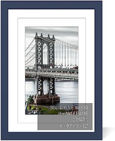 UHFWIFR 11x14 Picture Frames Solid Wood Display Pictures 9x12 or 8x10 with Mat or 11x14 Frame without Mat Poster Photo Frame Art with 2 Mats for Wall Mounting or Table Top(Jazz Blue)