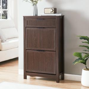 2 Flip Drawers Shoe Cabinet Storage for Entryway, Narrow Hidden Shoes Organizer for Front Door Entrance, Free Standing Shoes Cabinet Wooden Hallway Shoe Rack(Brown), Medium