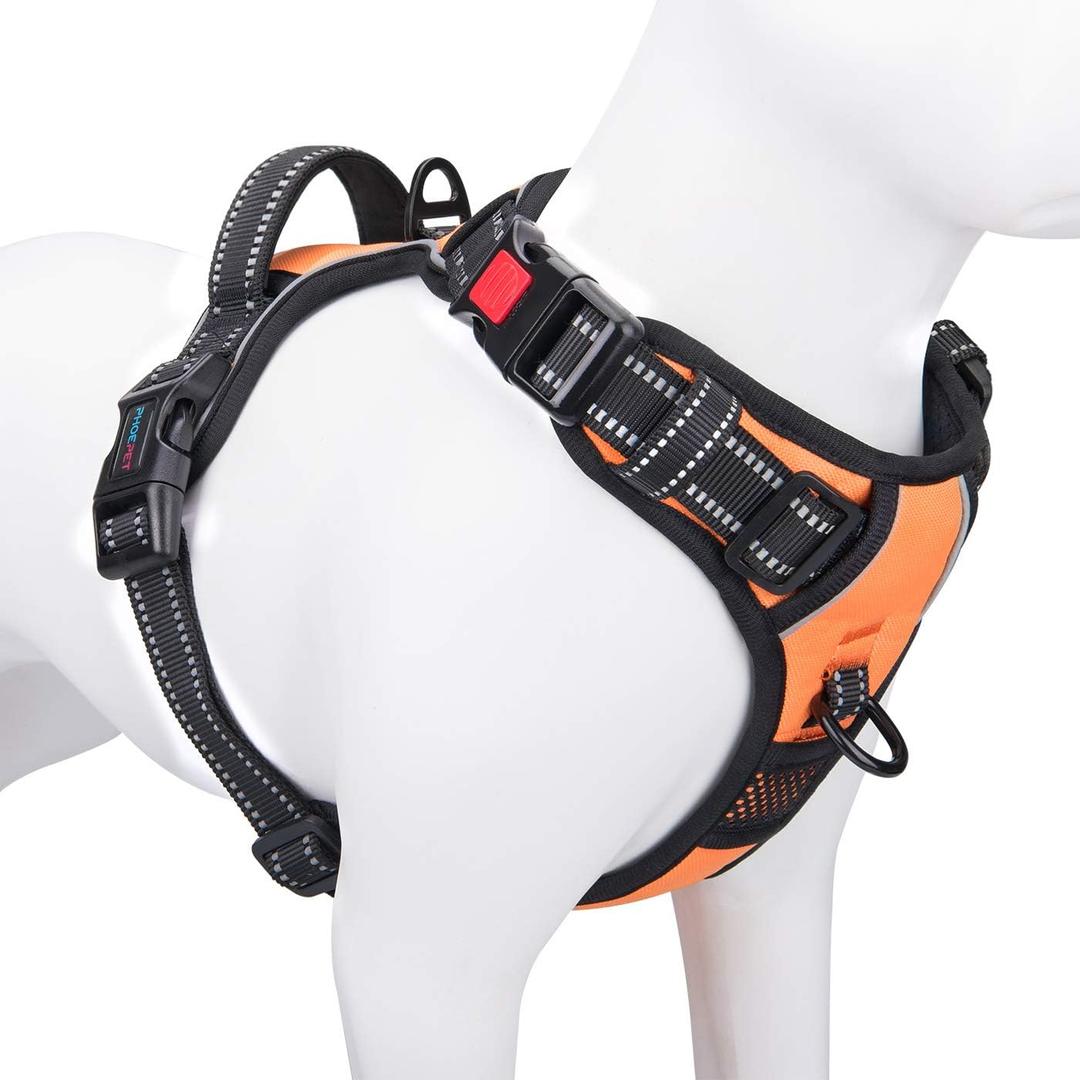 PHOEPET No Pull Dog Harnesses for Small Dogs Reflective Adjustable Front Clip Vest with Handle 2 Metal Rings 3 Buckles [Easy to Put on & Take Off] (S, Orange)