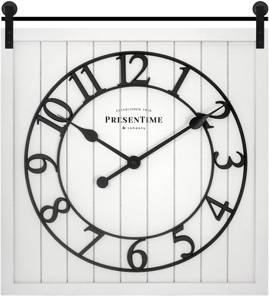 Presentime & Co Farmhouse Barn Door Clock, Shiplap Style, Cream White Color, Silent No Ticking, 3D Arabic Numeral, 23" H x 21" W. Home Decoration/Wall Decoration/Farmhouse Dcor.