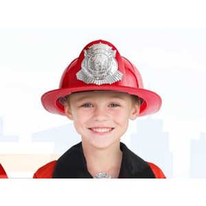 Red firefighter costume helmet with classic design. Lightweight and comfortable. Perfect for costumes, themed events, Halloween, or role play. 