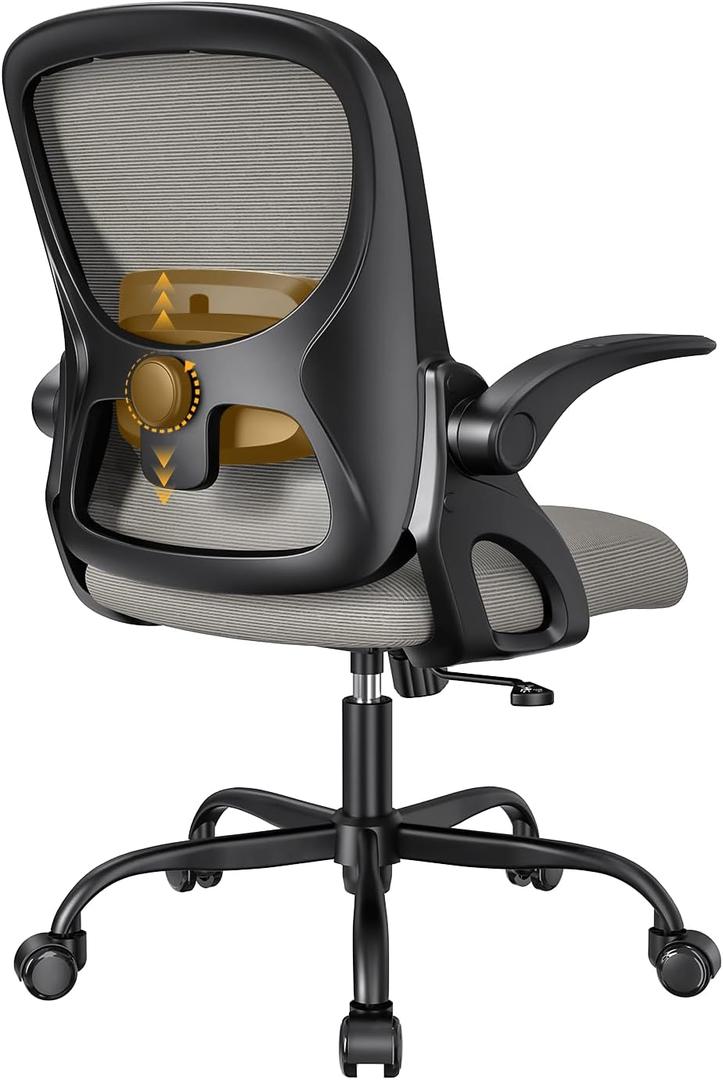 Home Office Chair, Ergonomic Mesh Desk Chair with Adjustable Lumbar Support, Flip-up Arm Rocking Swivel, Mid-Back Comfy Computer Chair (Black-Gray) (without Foot Ring)
