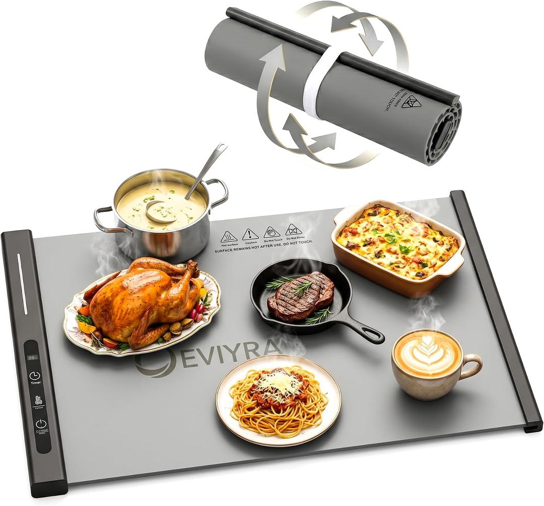 Food Warming Mat for Countertop, 26.4"x15" Large Electric Warming Tray for Buffet & Parties, Silicone Food Warmer Mat, 8 Temp Settings, 8H Timer, Auto Shut-Off, Roll Up Food Heating Mat, Grey
