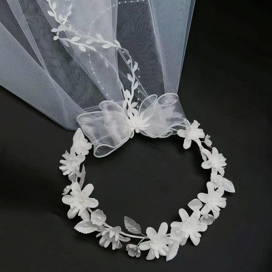 Flower Crowns for Women, Floral Crown with Wedding Veil Headpiece for Wedding Bridal Festival Photography Hair Wreath Accessory Hairbands for Girls