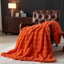 Wajade Fluffy Faux Fur Queen Size Blanket for Couch Bed 90x90 Inches, Luxury Ultra Soft Thick Fuzzy Plush Bubble Blanket, Reversible Warm Cozy Blanket for Sofa Chair, Burnt Orange