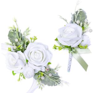 Fnize White Wrist Corsage and Boutonniere Set for Bride Groom Bridesmaids Groomsmen Wedding Homecoming Flowers Prom Suit Accessories, Rose Boutonniere and Corsage Wristlet Flower