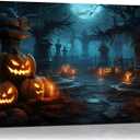 vandlife Halloween Home Decoration Dark Blue Spooky Tomb Canvas Wall Art Smiling Creepy Pumpkin Lantern Framed Poster Decor for Living Room Bedroom 24x16in
