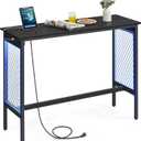 VASAGLE Bar Table with Power Outlets, 47.2 Inches LED Lights Narrow Tall Pub Table, Counter Height Console Desk, Mesh Panels and Metal Frame, for Kitchen, Entryway, Ebony Black and Matte Black