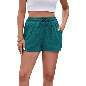 Women's Casual Drawstring Shorts Ladies High Waisted Textured Summer Lightweight Sweat Shorts with Pockets, Dark Green, Size XL