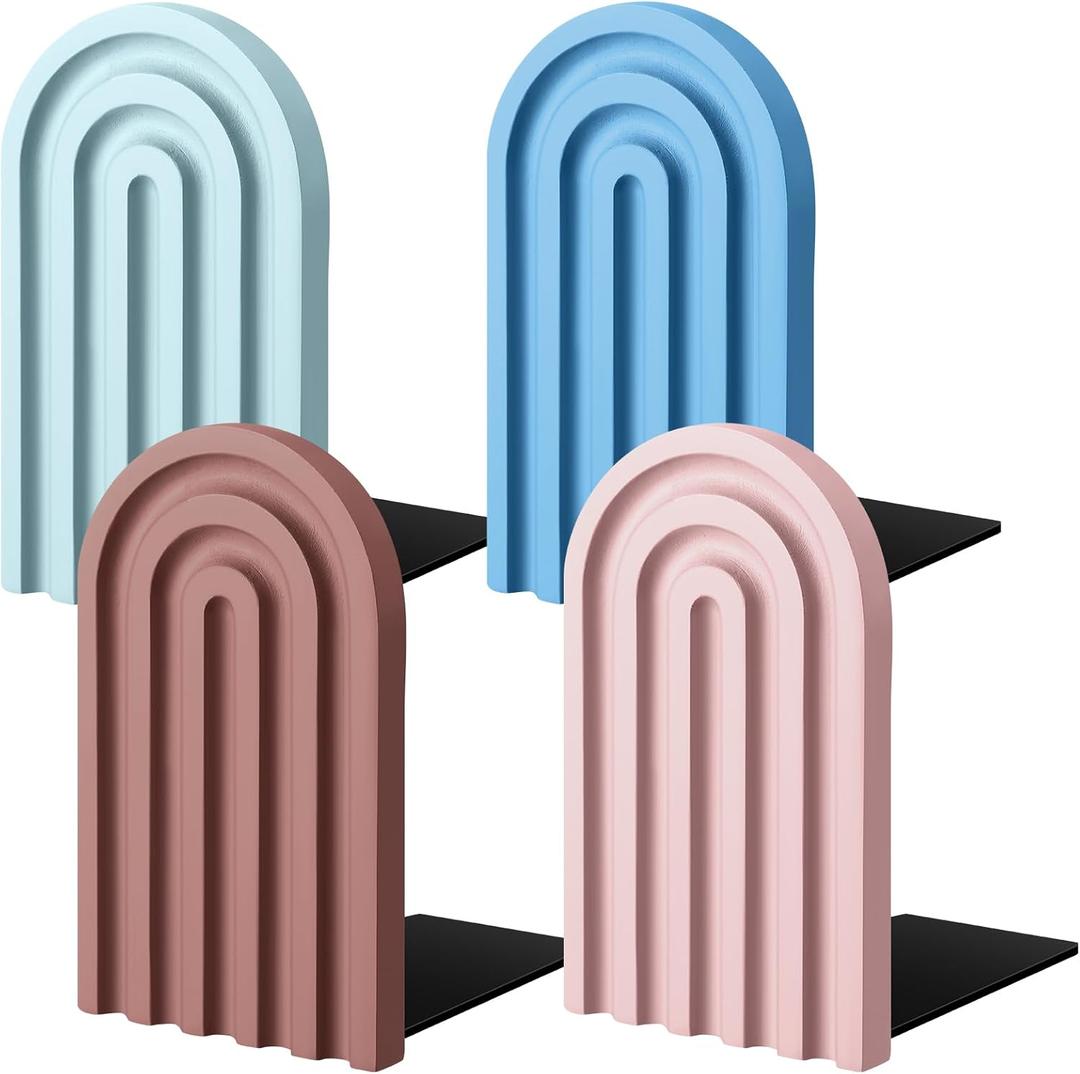 Harloon 4 Pcs Boho Arch Wooden Bookends, Decorative Rainbow Book Stoppers with Non-Slip Metal Base, 5x3x4 Inches, Cute Shelf Decor for Heavy Books, Home Office Study Desk Organizer(Morandi Color)