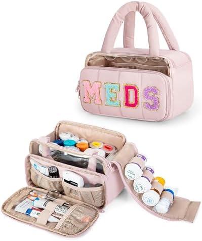 Fasrom Chenille Letter Medicine Bag, Preppy Patch Meds Bag for Travel, Pill Bottle Organizer with Puffy Handles, Portable Cosmetic Toiletry Storage Makeup Case for Women, Pink (Bag Only)