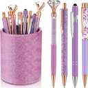 Sabary 8 Pcs Ballpoint Pens with Pen Holder for Desk Glitter Crystal Diamond Fancy Pencil Holder Bling Desk Organizer Cute Office Supplies for Women Girls Valentines Birthday Gifts(Purple)