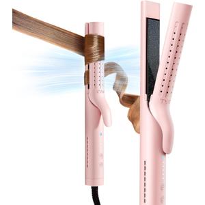 TYMO Airflow Curling Iron for Lasting Curls - Flat Iron Hair Straightener and Curler 2 in 1, Anti-Scald Ionic Curling Wand 1.25 Inch, 360 Cool Air, 5 Temps & Dual Voltage for Long Short Hair, Pink