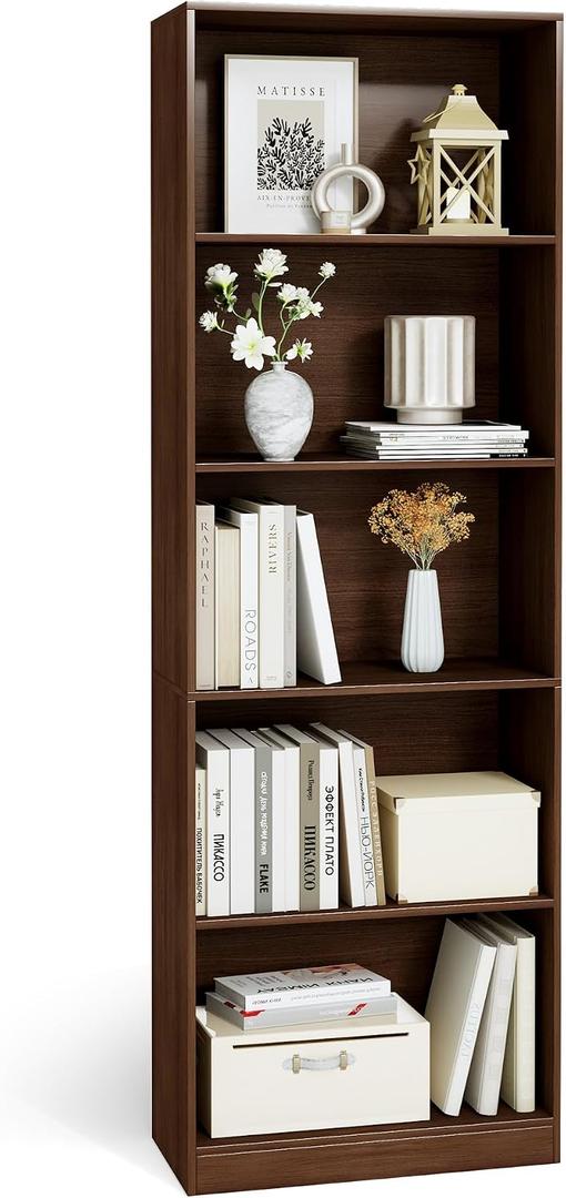 5 Tier Bookshelf, 71" Tall Bookcase Floor Standing, Large Wood Bookshelf with Anti-Tipping Device & Base, 5 Shelf Open Display Book Shelf for Living Room, Bedroom, Dining Room, Home Office, 23.6 inches x 11 inches x 70.8 inches