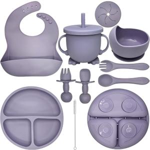 Baby Led Weaning Supplies | 10 Piece Silicone Feeding Set | Baby Toddler Bib Cup Divided Plate and Bowl Self Feeding Spoons Dish Set | Baby Utensils | Toddler Feeding Supplies (Lavender)