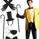 5 Pcs Halloween Yellow Triangular Dream Demon Costume with Mini Top Hat Headband Black Satin Opera Gloves Bow Tie Eye Patches Cane for Men Women Cosplay Halloween Party