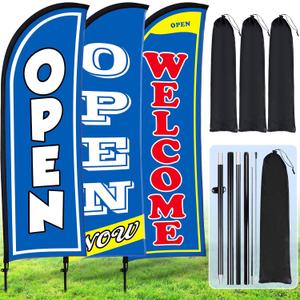 Buryeah 3 Sets Now Open Feather Flag Banner for Business Advertising 7 Feet Tall Grand Opening Feather Flag Sign with Fiberglass Pole Kit Rotating Ground Spike and Portable Bag (Blue)