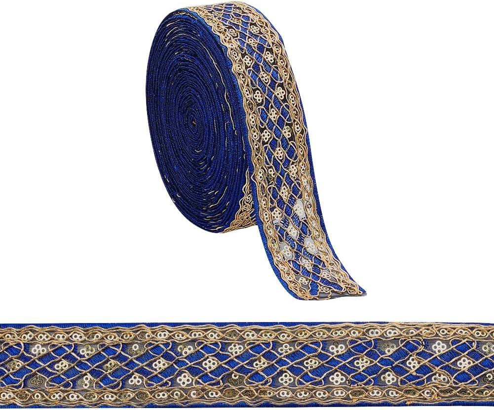 AHANDMAKER 10 Yards 1.6inch Fabric Embroidered Trim, Vintage Jacquard Ribbon Metallic Gold Rhombus Pattern Sewing Woven Trim Embroidered Ribbon decor for Crafts Making, Blue