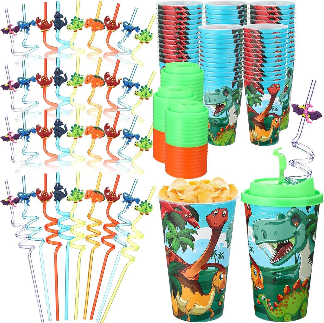 Maxcheck 36 Sets 16 oz Dinosaur Cups Birthday Party Favors with Colorful Lids and Straws for Birthday Decorations Rainbow Plastic Cups Reusable Plastic Straws for Party