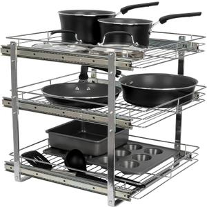 Household Essentials Glidez Multipurpose Chrome-Plated Steel Pull-Out/Slide-Out Triple-Sliding Storage Organizer for Cookware and Bakeware - 3-Tier Design - Fits Standard Size Cabinet or Shelf, Chrome (20" - Extended)