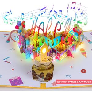 Olatay 3D Musical Birthday Popup Card, Blowable/Blow Out LED Light Candle and Play Happy Birthday Music for Kids Men and Women