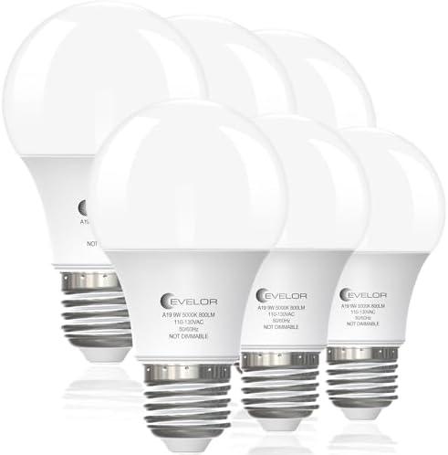 evelor 6-Pack A19 LED Light Bulbs,60 Watt Equivalent Daylight 5000K with E26 Base,Efficient 9W,800 Lumens Non-Dimmable LED Bulbs,15000 Hours, Ideal for Bedroom Living Room