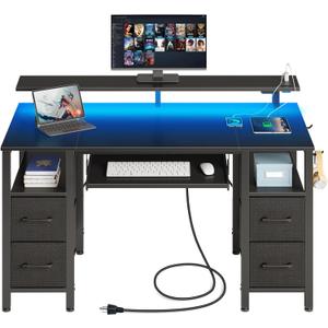 Seventable Computer Desk 55.1" with LED Lights & Power Outlets, Home Office Desk with 4 Drawers, Writing Desk with Keyboard Tray, Study De sk with Monitor Stand, Work for Home Office, Black