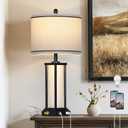 27" Tall Vintage Table Lamp with USB C+A & Outlet,Black Industrial End Table Lamp for Living Room,Farmhouse Rustic Bedside Lamp with Frosted Glass Night Light for Bedroom Nightstand,Black-1P