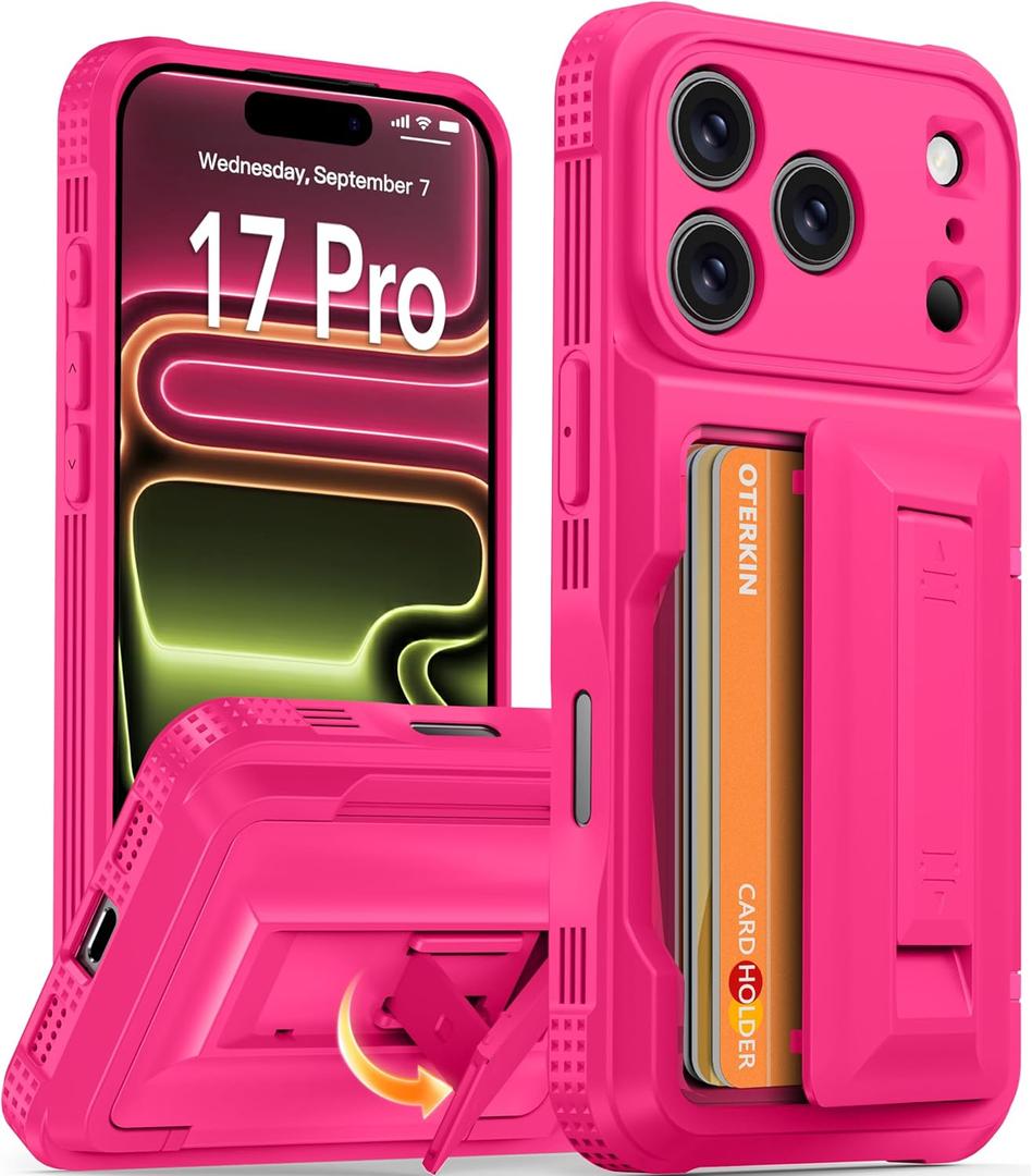 Oterkin for iPhone 17 Pro Wallet Case [4-5 Card Holder] [Kickstand] [RFID Blocking] [Full Camera Protection] [Military Grade Protection] Shockproof Rugged Phone Case for iPhone 17 Pro, Hot Pink