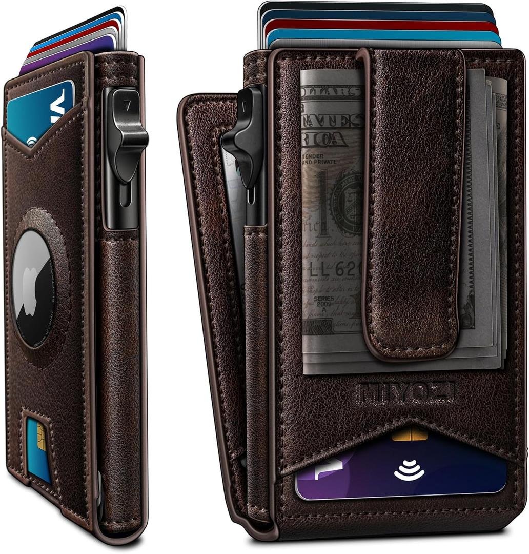 miyozi Airtag Wallet for Men Money Clip 9-Card Pop-Up Credit Card Holder with ID Window RFID Blocking Metal Case Magnetic Closure Front Pocket Wallet Gift Box