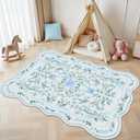 Blue Floral Rug 4x6 for Girls Bedroom or Nursery, Scalloped Washable Non-Slip Area Rug, Cute Soft Boho Carpet for Kids Room, Dorm, or Playroom