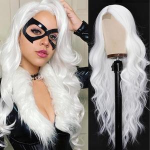 Long White Wigs for Women 26 Inch Synthetic Middle Part Witch Wavy Wig Natural Looking Glueless Silky Wig for Daily Party Use, Halloween & Cosplay