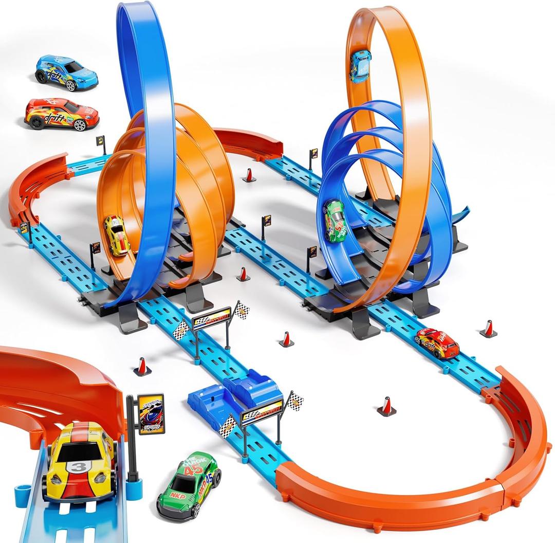 Car Race Track Set for Kids 3 4 5 6 7 8 9 Years OldRacing Game car ToysBoys Toy Girls 6-1272PC DIY 34 ft Track with 4 Small Cars, Gifts for Kids 3-5