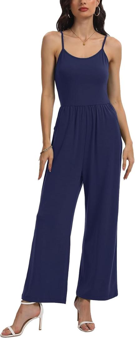 STOLKISS Women Casual Jumpsuits Summer Sleeveless Loose Jumpsuit Shoulder Strap Adjustable Long Pants Rompers with Pockets (Blue, M)