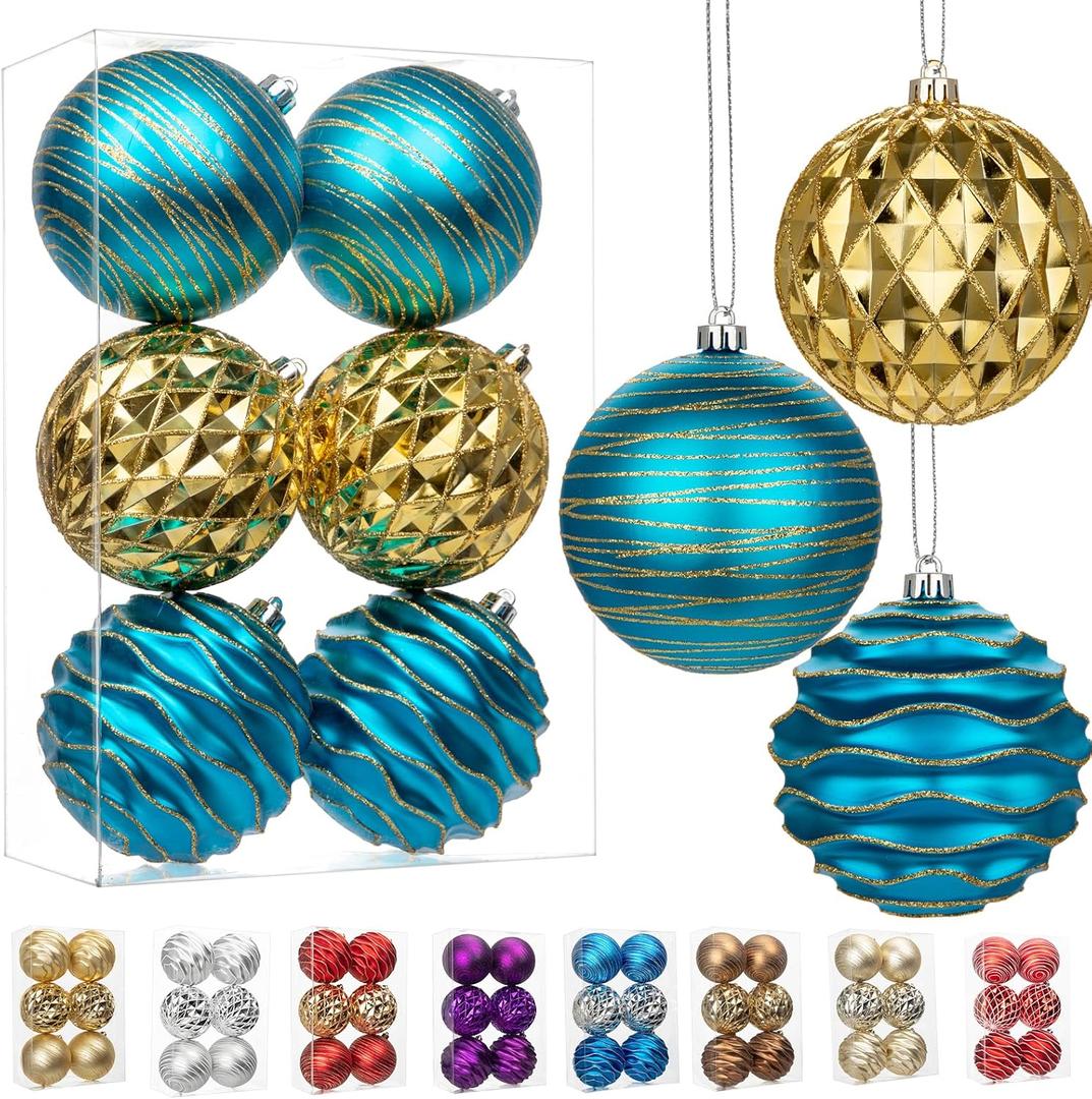 4.3" Large Christmas Balls Ornaments Set of 6, Shatterproof Plastic Ornaments for Xmas Tree Decorations, Blue and Gold Christmas Tree Bulbs Ornament for Mantel Garland Centerpieces, Xmas, Winter Decor