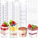 Funnymoom 300 Pack Clear Mini Plastic Dessert Cups with Spoons 5oz 3oz Square Slanted Parfait Appetizer Shooter Round Goblet for Birthday Party Dessert Table Pudding Ice Cream Fruit Cake Yogurt (Transparent)