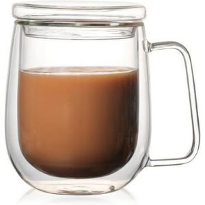 KNC Borosilicate Glass Coffee Mug with Lid Handle,12 oz Double-wall Insulated Milk coffee Cup, Thick Expresso Coffee Cups For Americano, Latte, Espresso, Cappuccinos Beverage and Tea, Clear