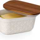 Nucookery Ceramic Butter Dish, Embossed Butter Keeper with Wood Lid for Countertop, Butter Holder and Container with Double Silicone Seal (Fan Pattern)