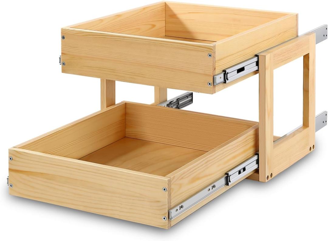Mulush Pull Out Cabinet Organizer, 23''W21''D16''H Soft Close Slide Out Wood Drawer Shelves Storage for Kitchen, 2-Tier, Finished, Heavy-Duty, Bottom Assembly