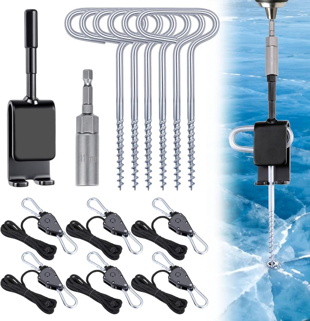 CozyCabin 14pcs Universal Ice Fishing Anchor Tool Kit Includes 6 Ice Fishing Tent Stakes Nail, Ice Anchor Drill Adapter with 1/4" Adapter Head, 6 Rope Hanger for Setting Up Ice Fishing Shelters Tents