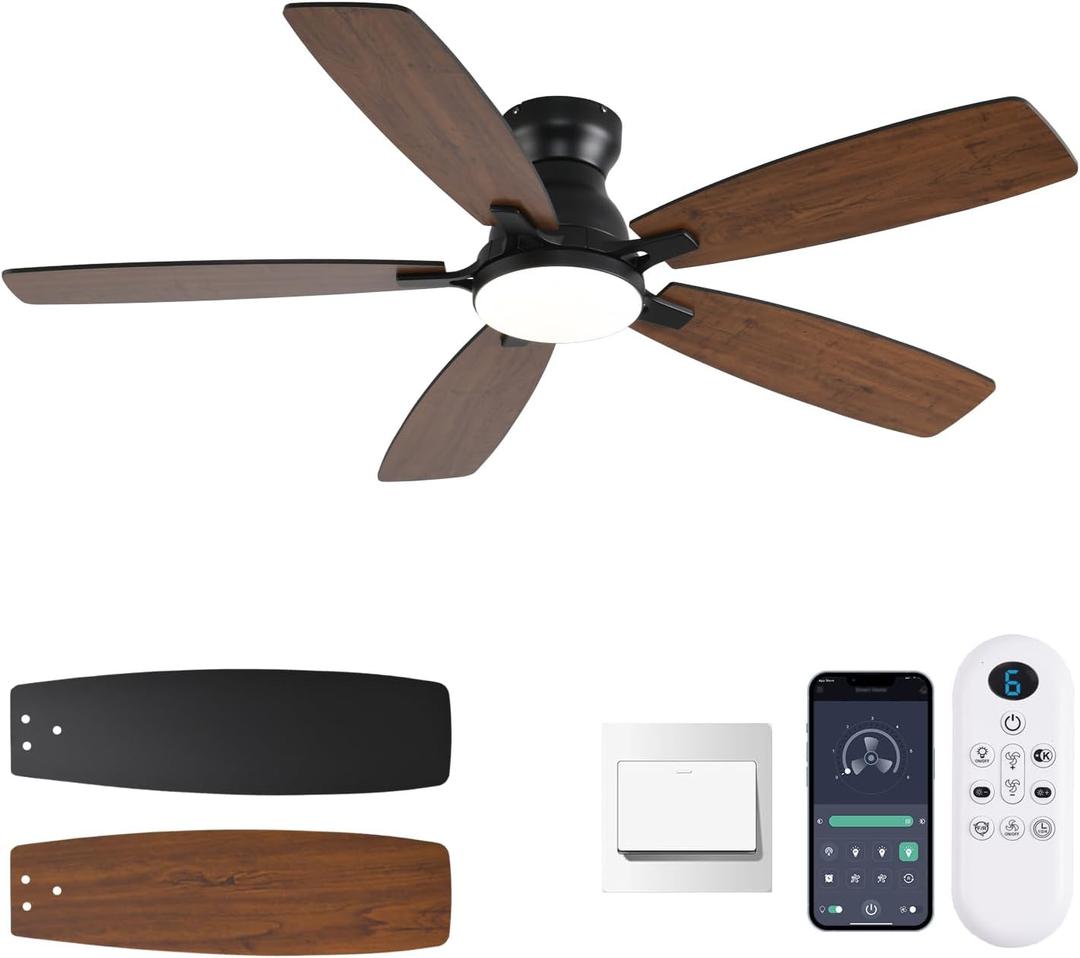 NKPU 52inch Ceiling Fans with Lights, Low Profile Ceiling Fan with Light and Remote/APP Control, DC Reversible Motor, Noiseless, Flush Mount, Brown Ceiling Fan for Bedroom Indoor/Outdoor Use