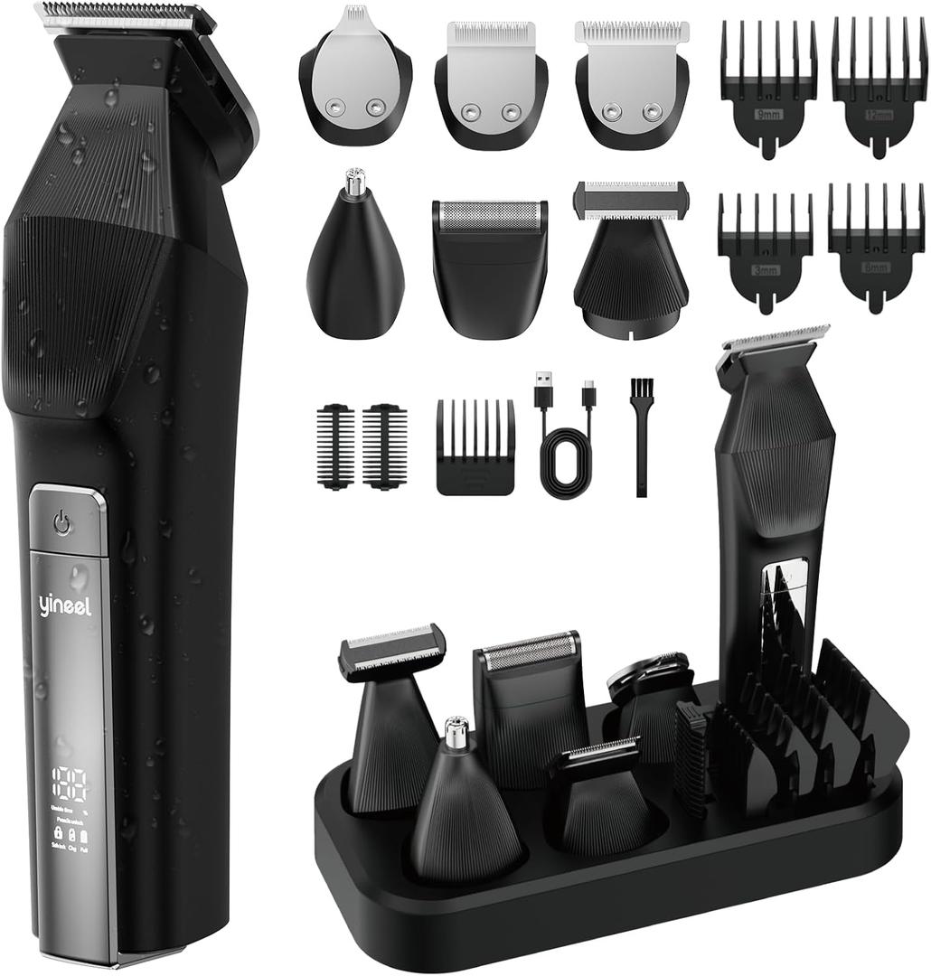 Yineel HC600 Beard Trimmer for Men, All-in-One Cordless Grooming Kit, Waterproof Electric Razor & Hair Clipper for Face Mustache Body Nose Hair Trimming, Precision Blades, Gifts for Men Barber (Black)
