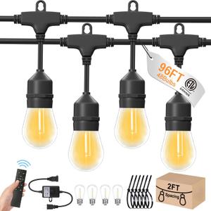 96ft Outdoor String Lights with Remote & Dimmer,48+4 Commercial Grade IP65 Waterproof Bulbs, 2700K Warm White,3 Lighting Modes & Timer,Includes 50 Cable Ties for Patio,Garden, Party48FT*2