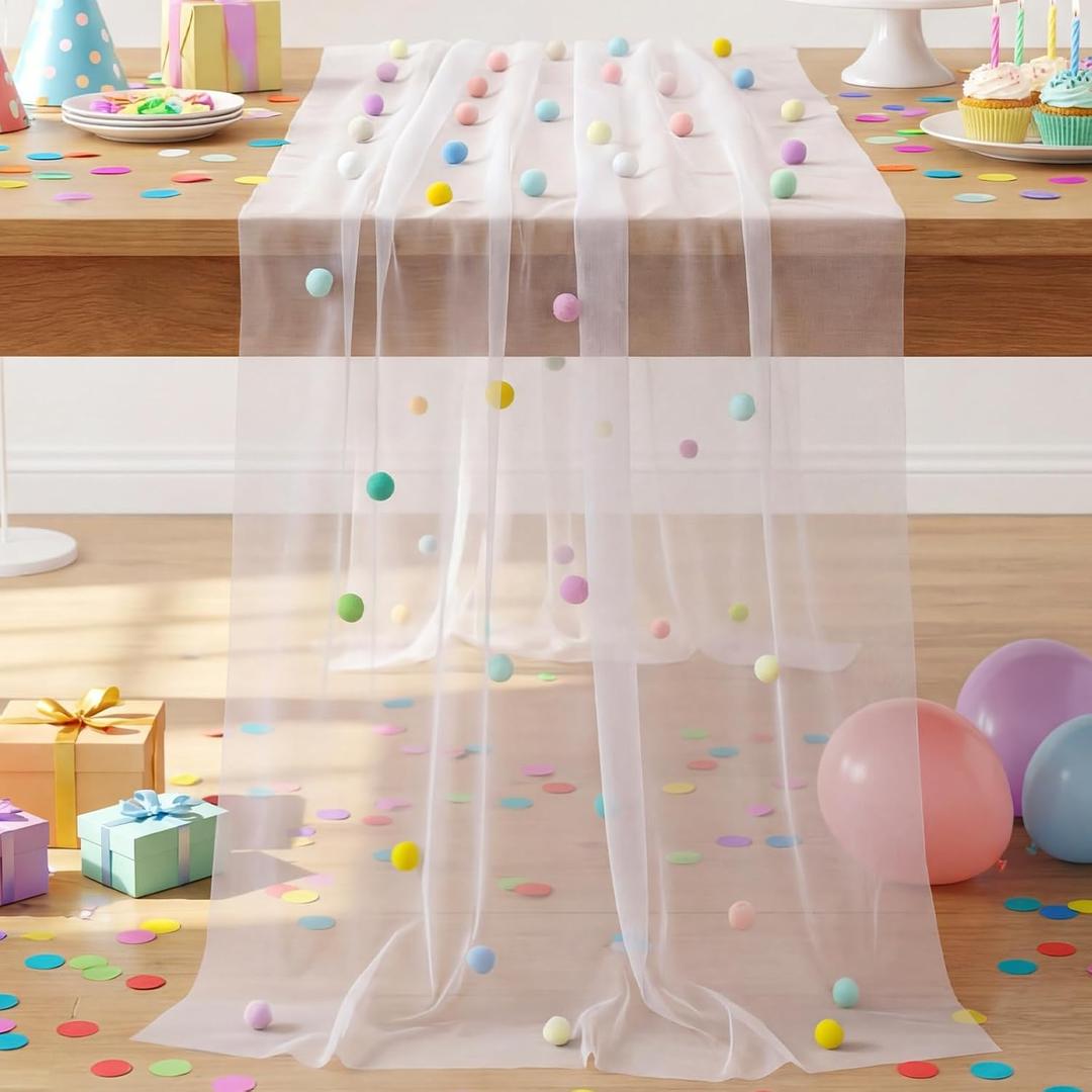 Moukeren 27.5 x 120 Inch 3D Confetti Tulle Table Runner 10 ft Colored Polka Dot Cheesecloth Pastel Table Runner Gauze Rainbow Dining Decor for Birthday Wedding Home Baby Shower(1,Candy Colors)