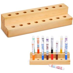 Cinnvoice Wooden Marker Stand 16 Marker Pen Holder Storage Organizer for Classroom Display Stand 16 Holes Paint Brush Holder for Organization Storage Supplies