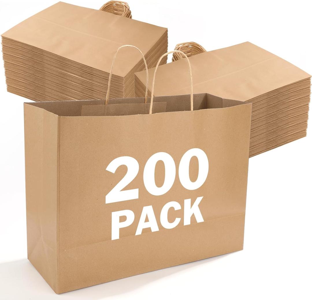 XPCARE 200Pack Large Paper Gift Bags with Handles Bulk,16x6x12 Inch Kraft Bag Packaging Brown Paper Bags for Birthday Party Boutiques Business Retail Stores Merchandise