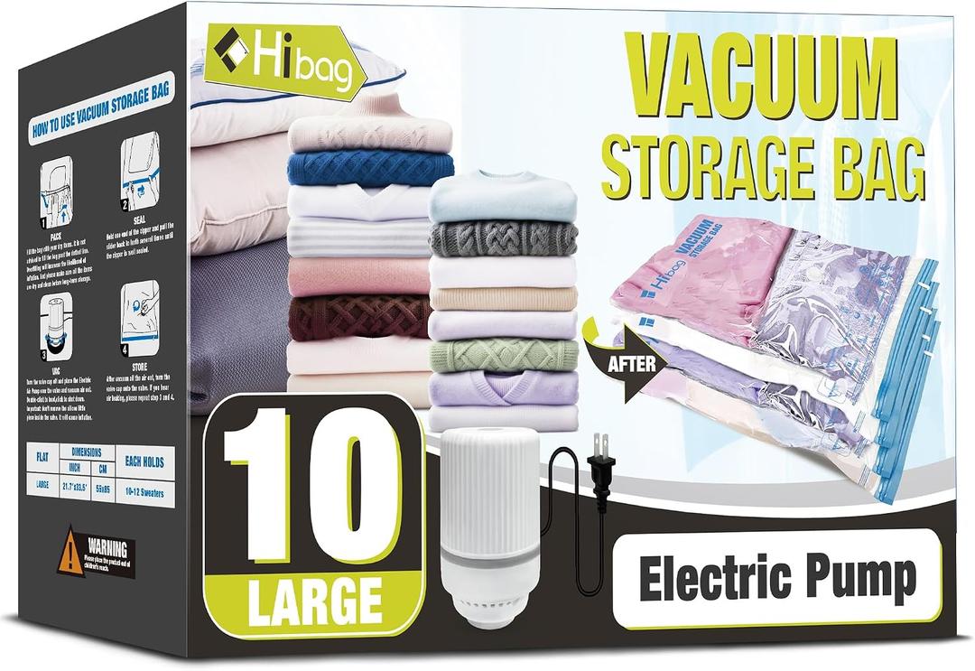 HIBAG Vacuum Storage Bags with Electric Pump, Vacuum Seal Bags for Clothing, Pillows, Blanket Bedding Comforters, 10 pack Large