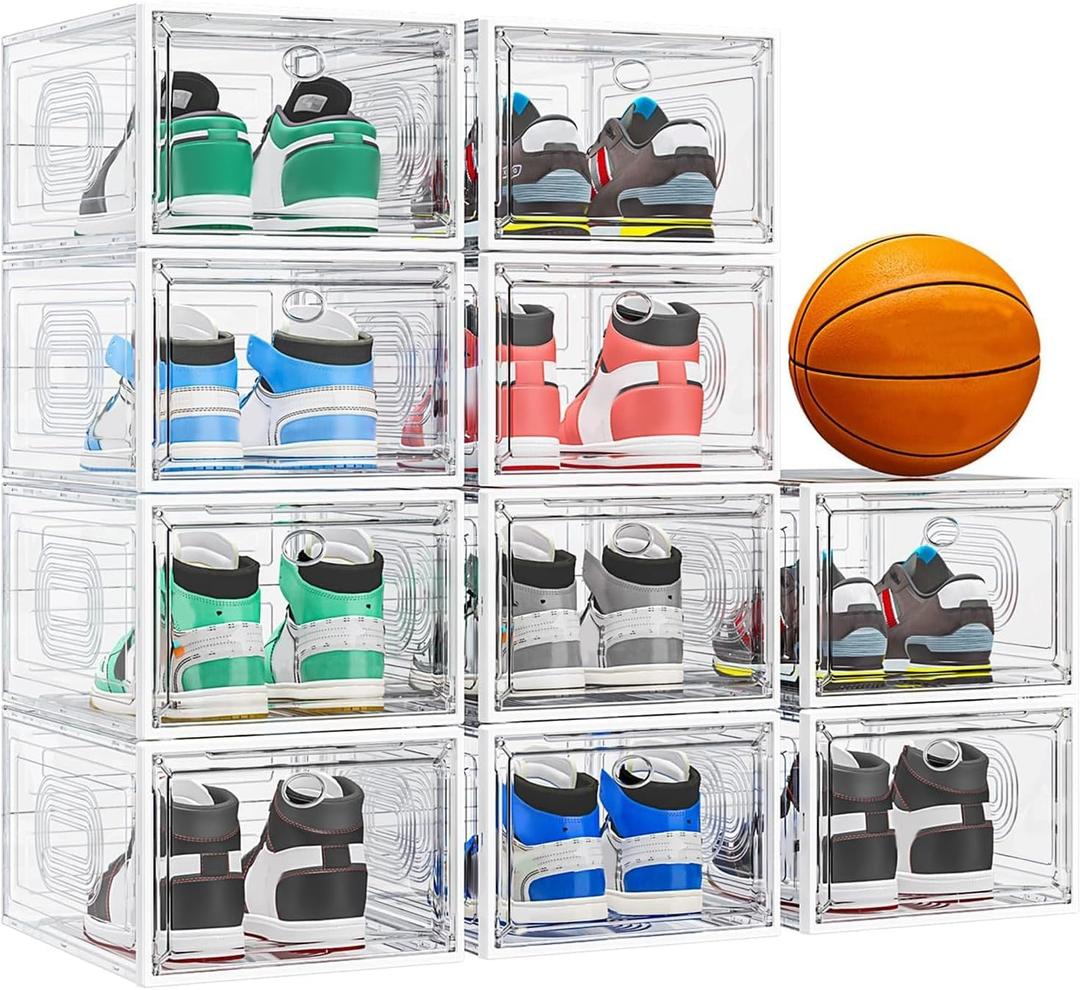 caktraie 10 Pack Thicken Shoe Organizer Stackable, Upgraded Sturdy Shoe Storage Box with Magnetic Door, Shoe Containers For Sneaker Display, Hat Organizer, White