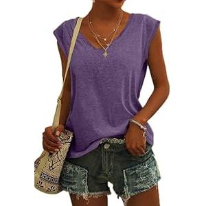 SOUWINEMYI Womens Cap Sleeve T Shirts V Neck Casual Tops Oversized T-Shirt Summer Trendy Lightweight Loose Fit Basic Tees (Purple, S)